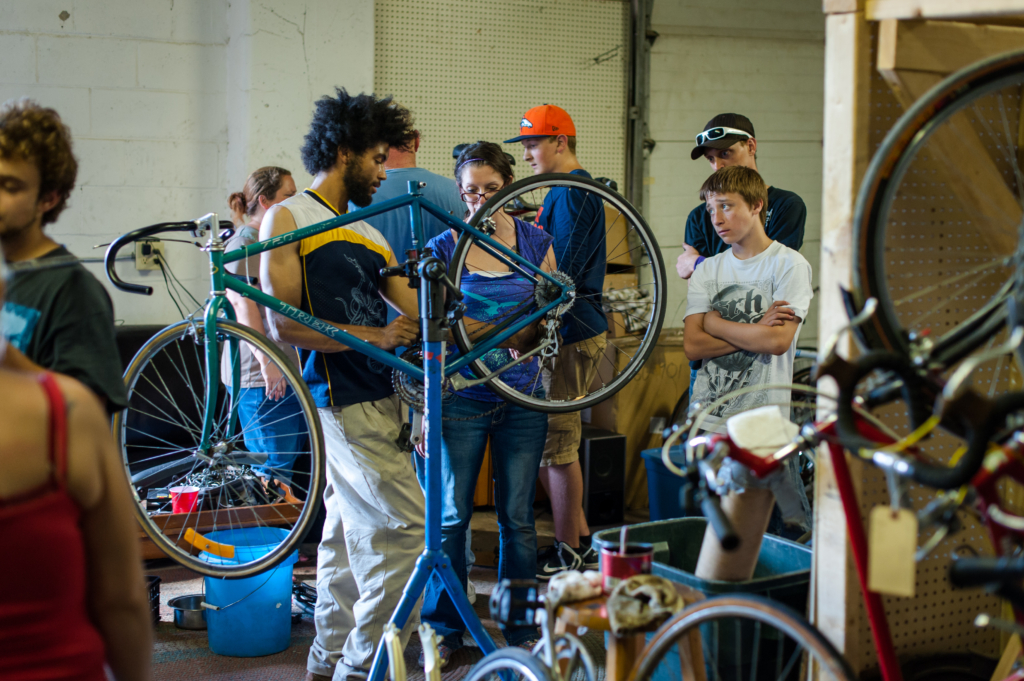 Several attendees at a Build-A-Bike.